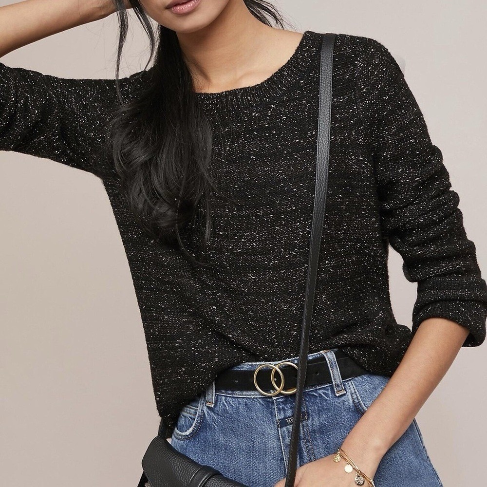 Anthropologie Moth Sweater Women's M Black Metallic Scallop Hem Knit‎ Top
